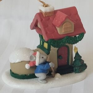 Christmas Boot House Mouse Shoveling Tree Ornament with Red Roof and Green Tree